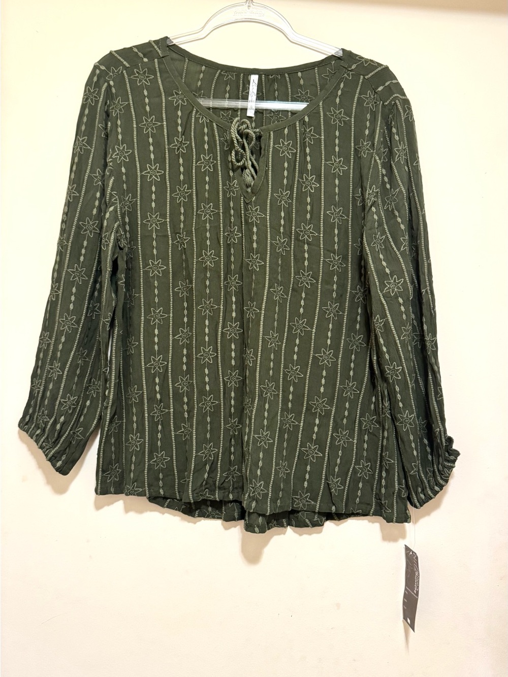 Women's Olive Green Embroidered Peasant Top